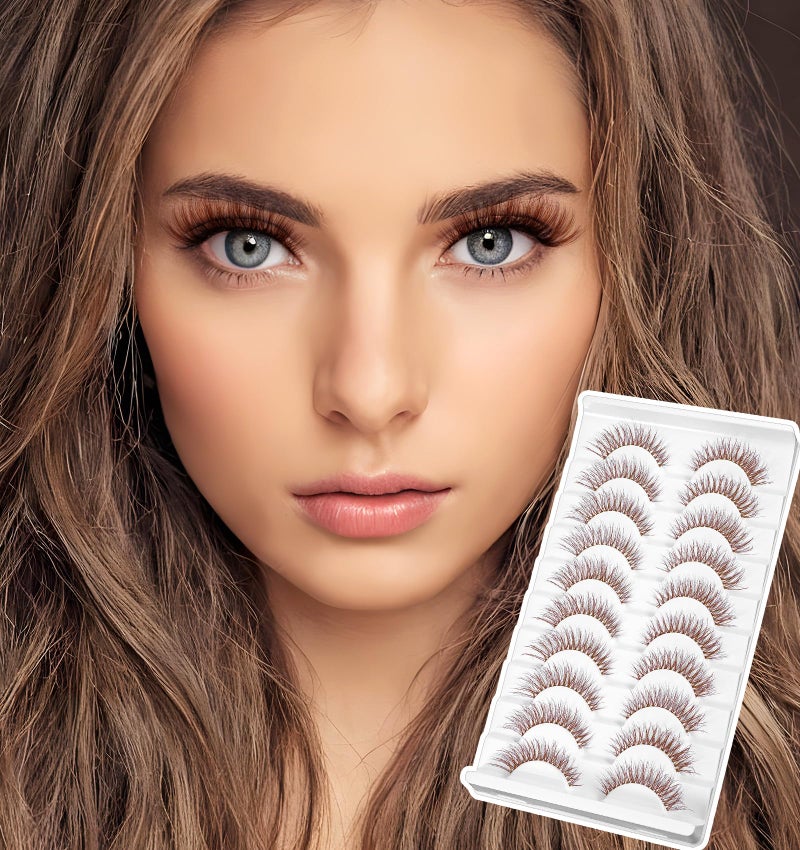 ValueBargain 10 Pairs Brown Cat Eye Lashes, Cat Eye Wispy Brown Lashes, Faux Mink Cat Eyelashes with Clear Band for Beginners & Professionals - Image 3